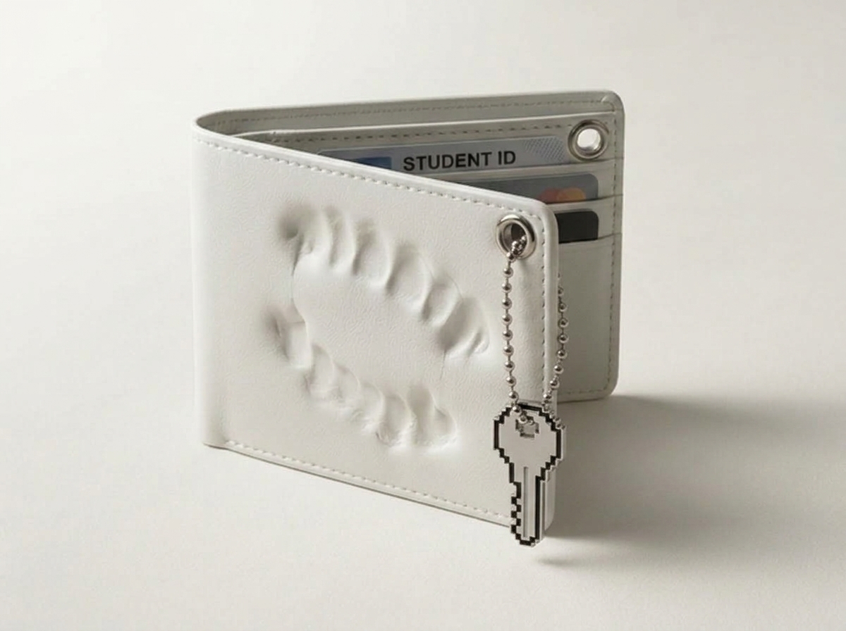 BITE™ Chomp Wallet in Classic White featuring 3D embossed teeth bite impression, dual symmetrical eyelets, and 8-bit pixel key charm